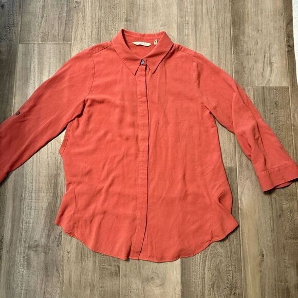 Soft Surroundings Tunic Top Orange Cotton Gauzy Button Up Shirt Over Sized Long - Picture 3 of 7